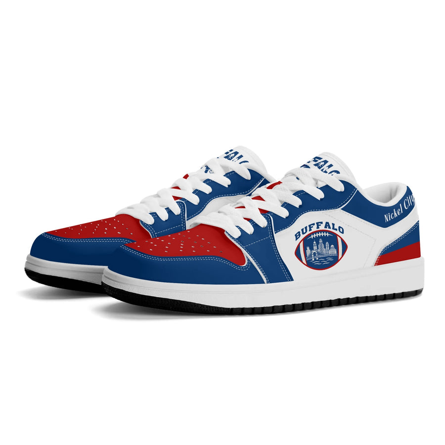 Buffalo football Jamrock Low top sneakers in blue, red, white with football badge with the skyline over the waterfront