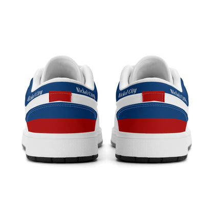 Buffalo football Jamrock Low top sneakers in blue, red, white with football badge with the skyline over the waterfront
