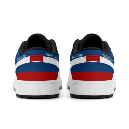 Buffalo football Jamrock Low top sneakers in blue, red, white with football badge with the skyline over the waterfront