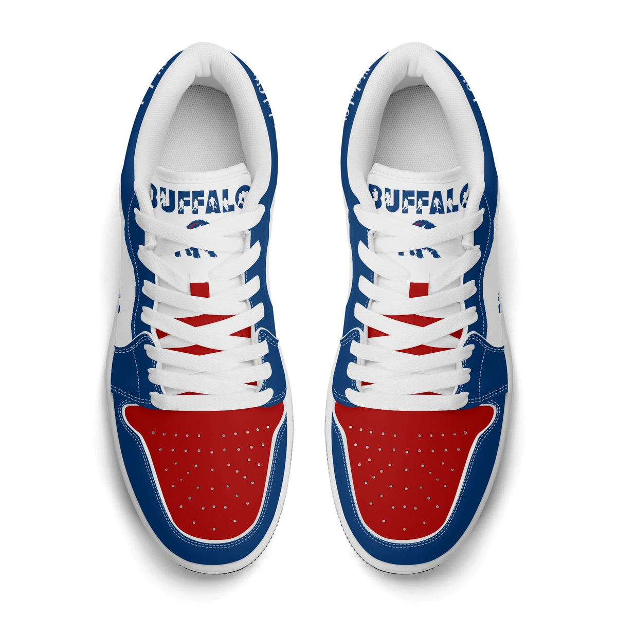 Buffalo football Jamrock Low top sneakers in blue, red, white with football badge with the skyline over the waterfront