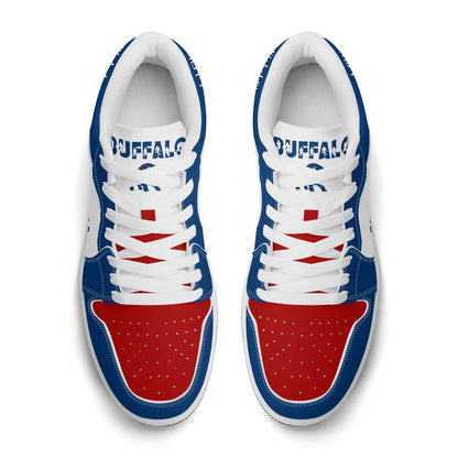 Buffalo football Jamrock Low top sneakers in blue, red, white with football badge with the skyline over the waterfront