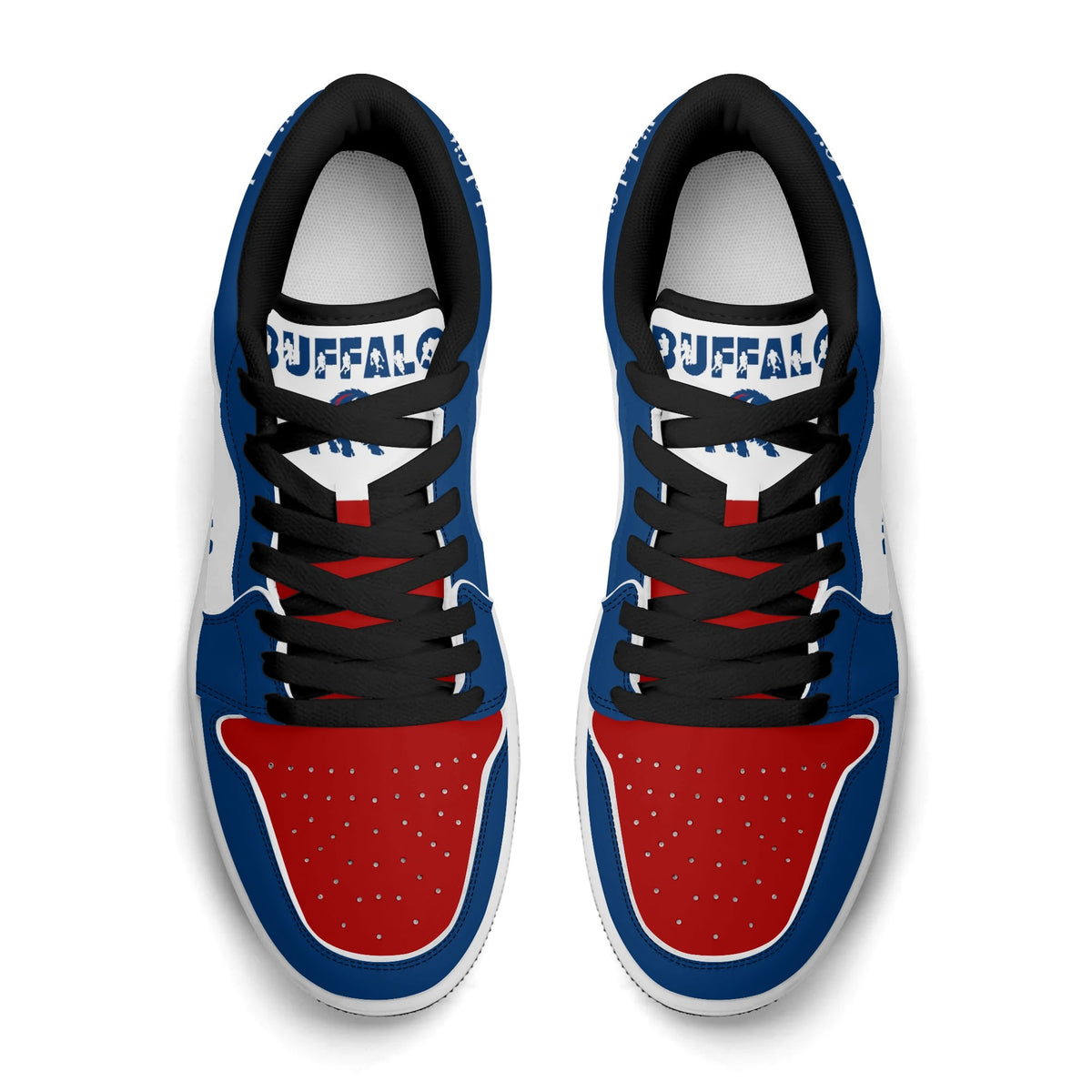 Buffalo football Jamrock Low top sneakers in blue, red, white with football badge with the skyline over the waterfront