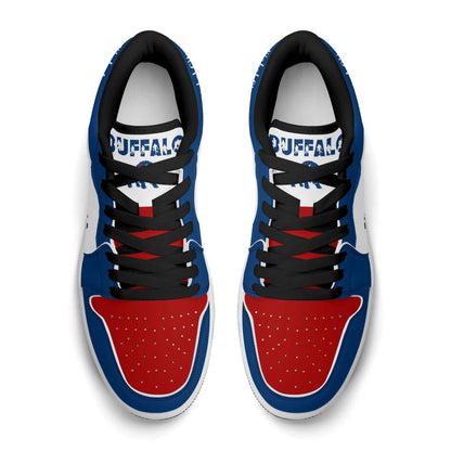 Buffalo football Jamrock Low top sneakers in blue, red, white with football badge with the skyline over the waterfront