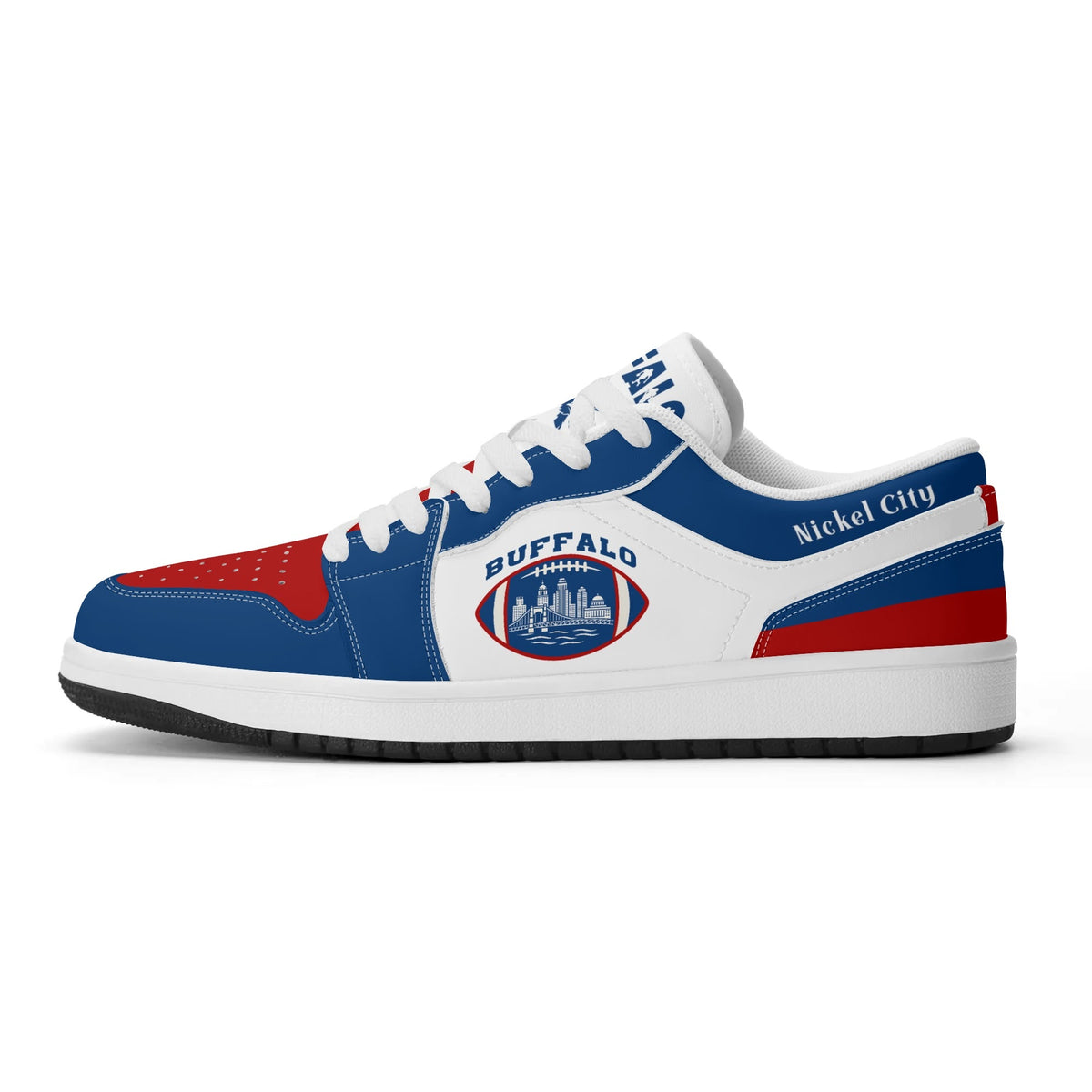 Buffalo football Jamrock Low top sneakers in blue, red, white with football badge with the skyline over the waterfront