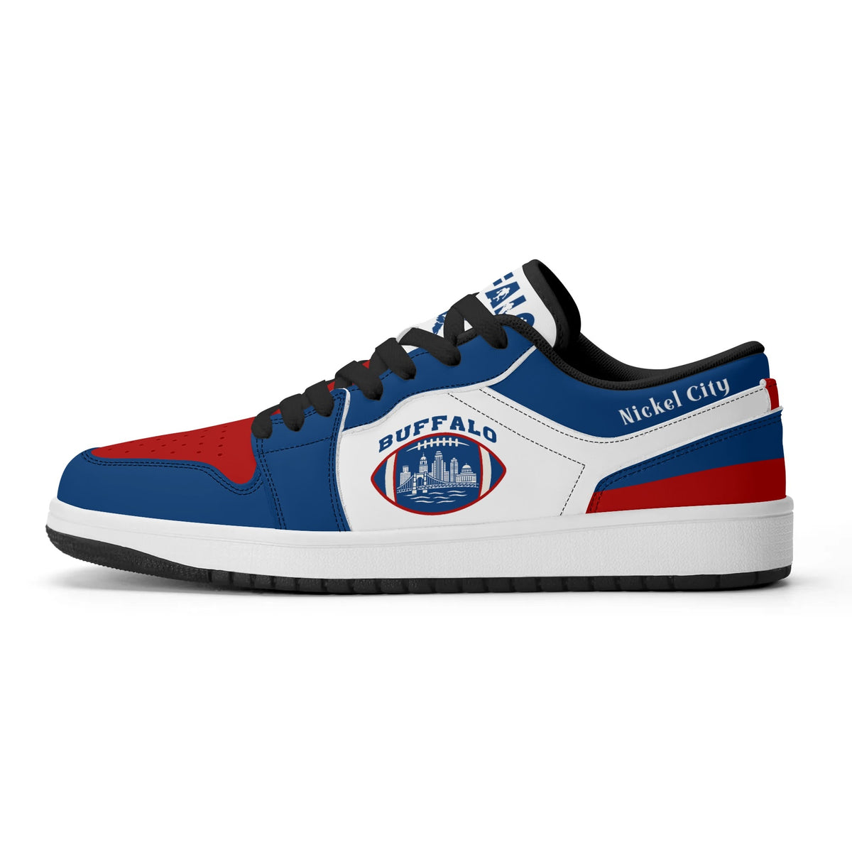 Buffalo football Jamrock Low top sneakers in blue, red, white with football badge with the skyline over the waterfront