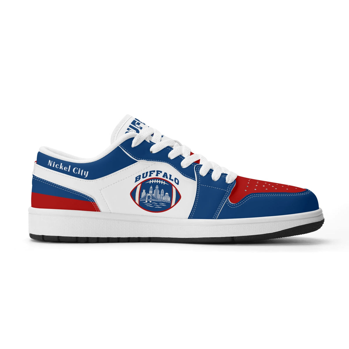 Buffalo football Jamrock Low top sneakers in blue, red, white with football badge with the skyline over the waterfront