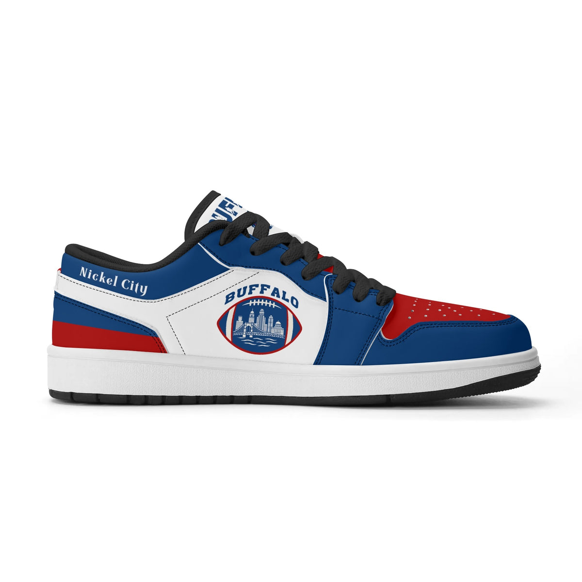 Buffalo football Jamrock Low top sneakers in blue, red, white with football badge with the skyline over the waterfront