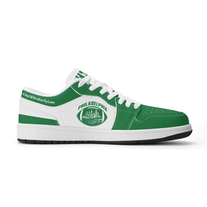 Philadelphia football Jamrock Low top sneakers in green, white with football badge with the skyline over the river
