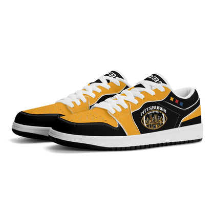 Pittsburgh football Jamrock Low top sneakers in black, gold with football badge with the city skyline over the rivers