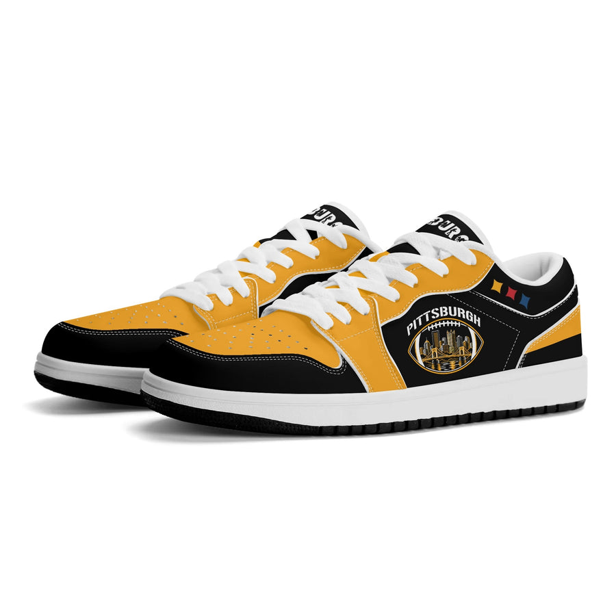 Pittsburgh football Jamrock Low top sneakers in black, gold with football badge with the city skyline over the rivers