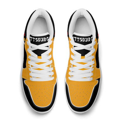 Pittsburgh football Jamrock Low top sneakers in black, gold with football badge with the city skyline over the rivers