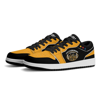 Pittsburgh football Jamrock Low top sneakers in black, gold with football badge with the city skyline over the rivers