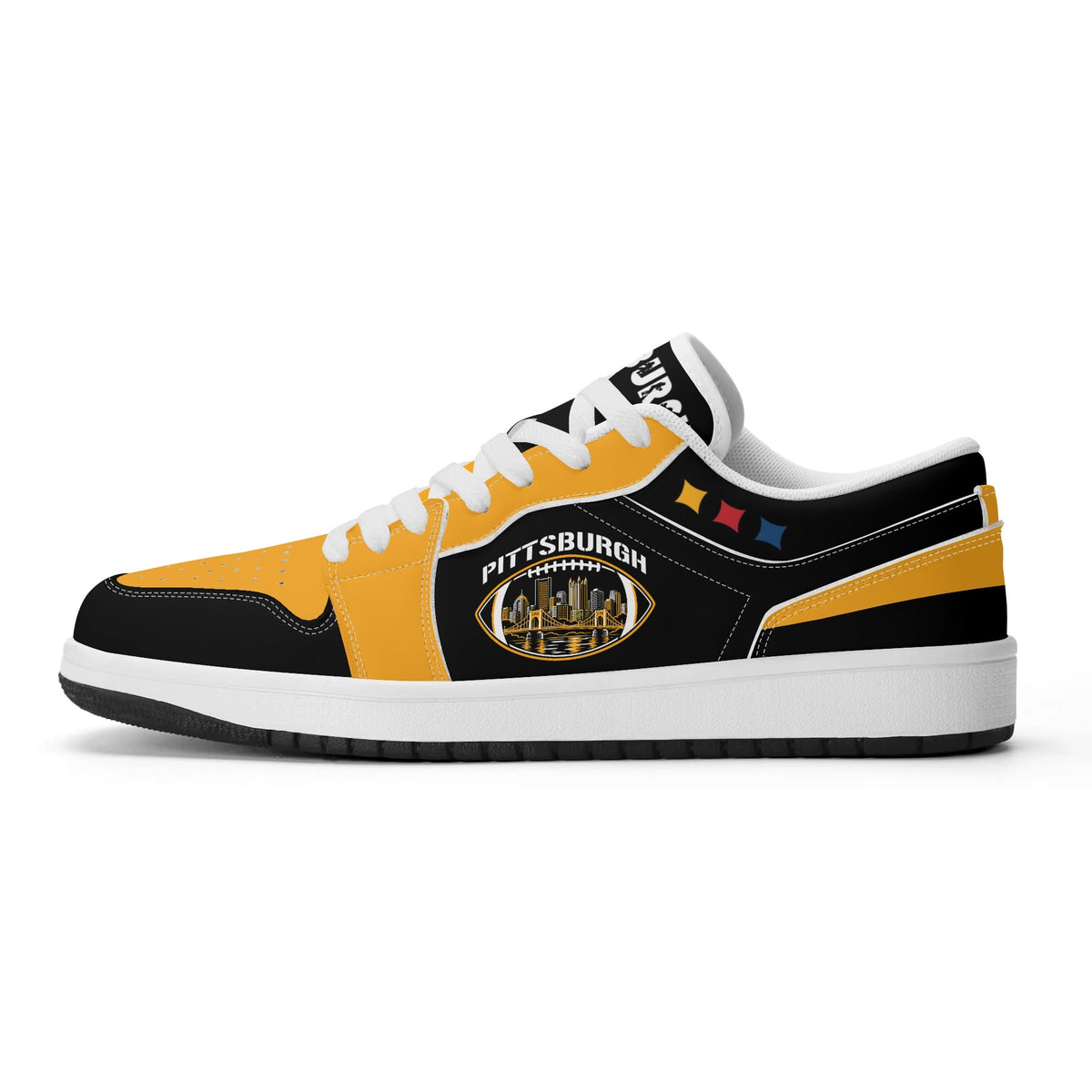Pittsburgh football Jamrock Low top sneakers in black, gold with football badge with the city skyline over the rivers