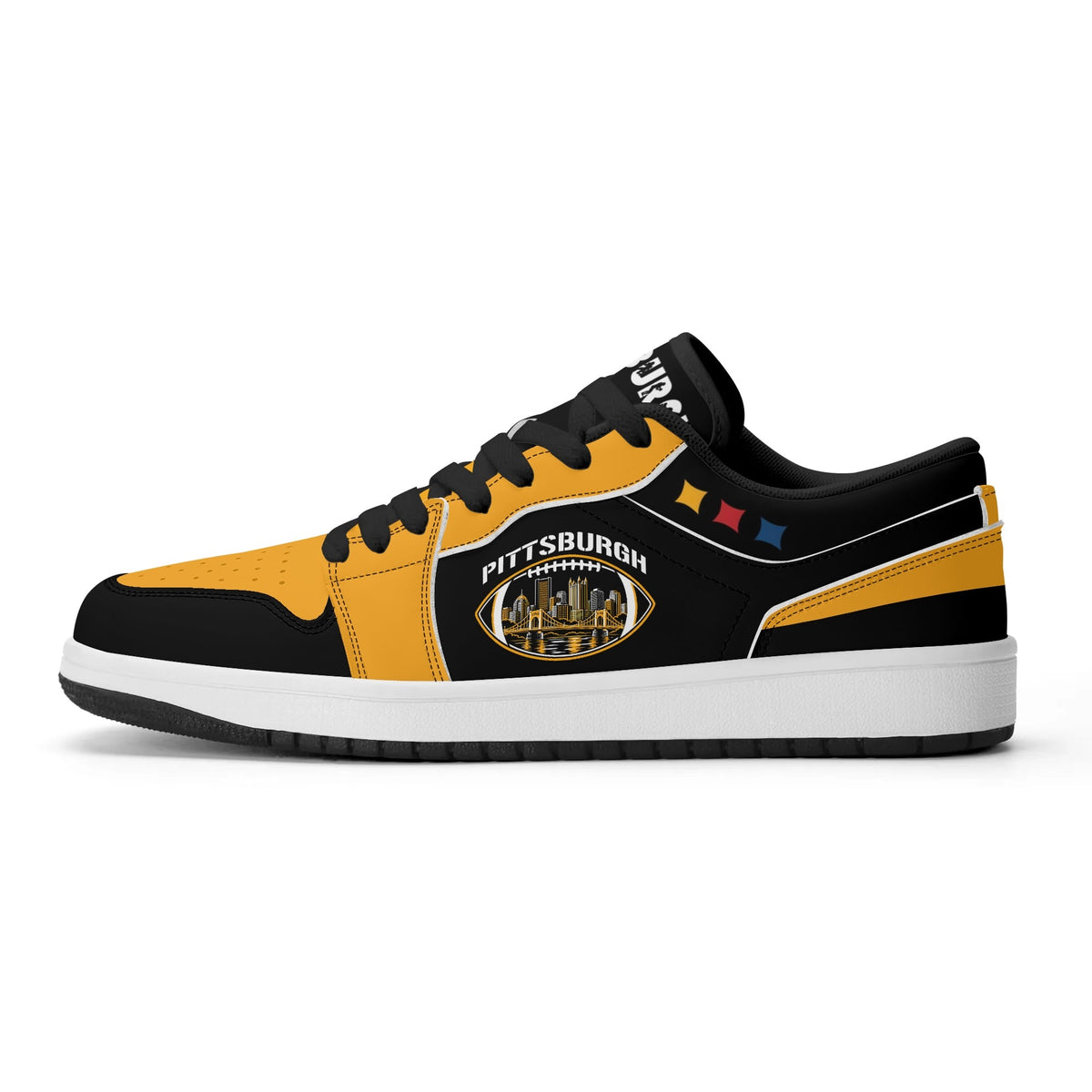 Pittsburgh football Jamrock Low top sneakers in black, gold with football badge with the city skyline over the rivers
