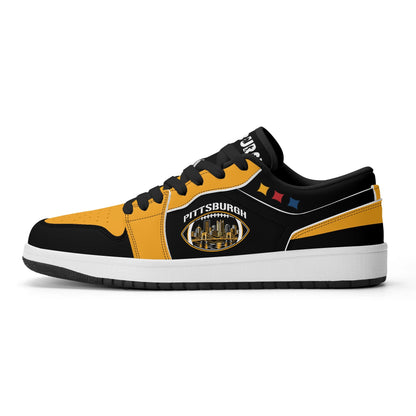 Pittsburgh football Jamrock Low top sneakers in black, gold with football badge with the city skyline over the rivers