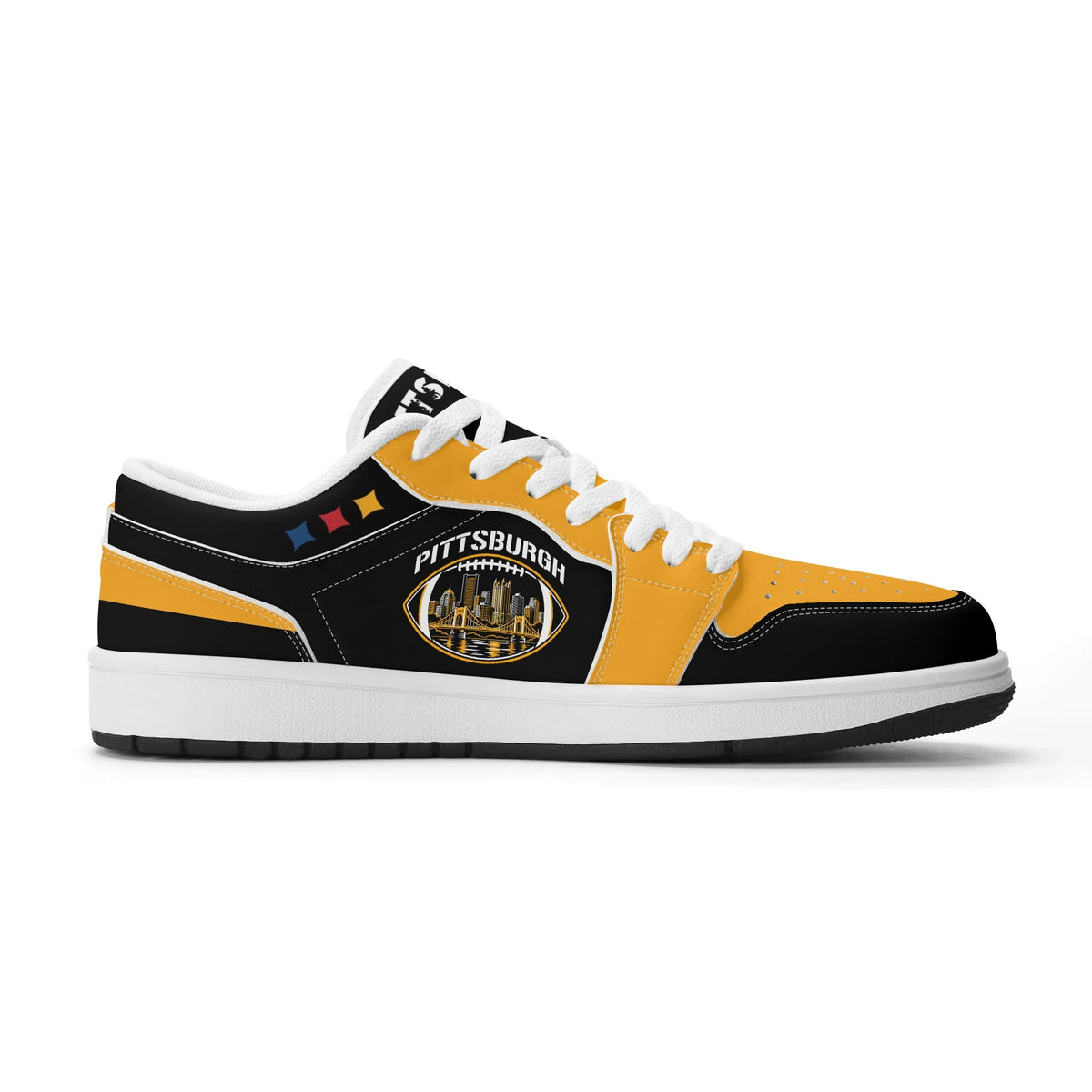 Pittsburgh football Jamrock Low top sneakers in black, gold with football badge with the city skyline over the rivers
