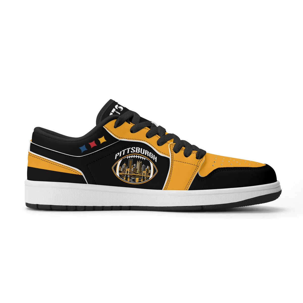 Pittsburgh football Jamrock Low top sneakers in black, gold with football badge with the city skyline over the rivers