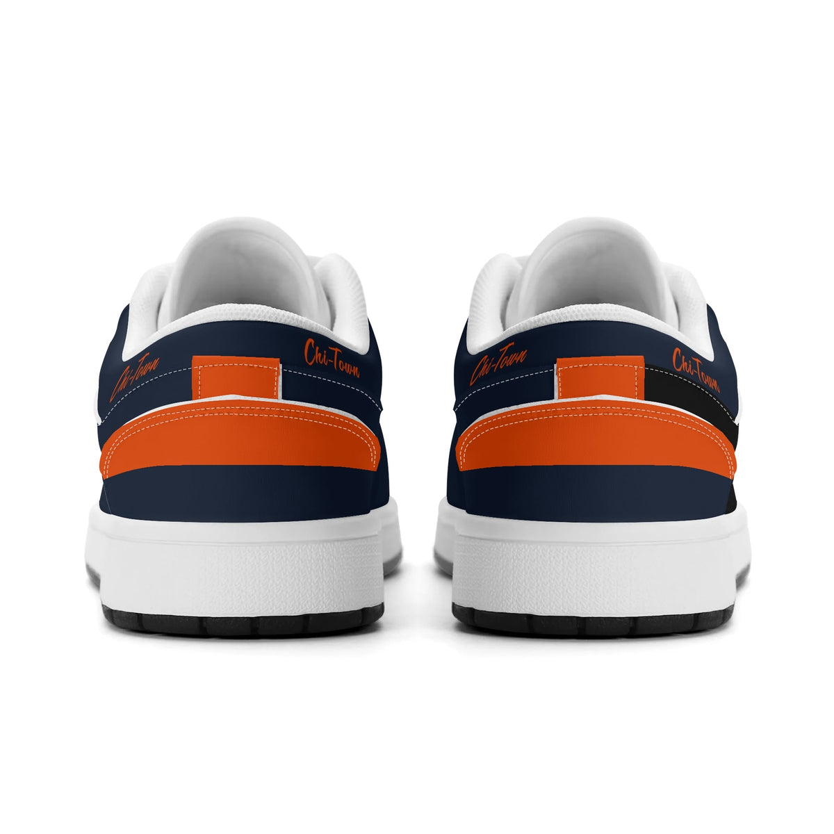 Chicago football Jamrock Low top sneakers in navy, orange with football badge with the skyline lit up at dusk