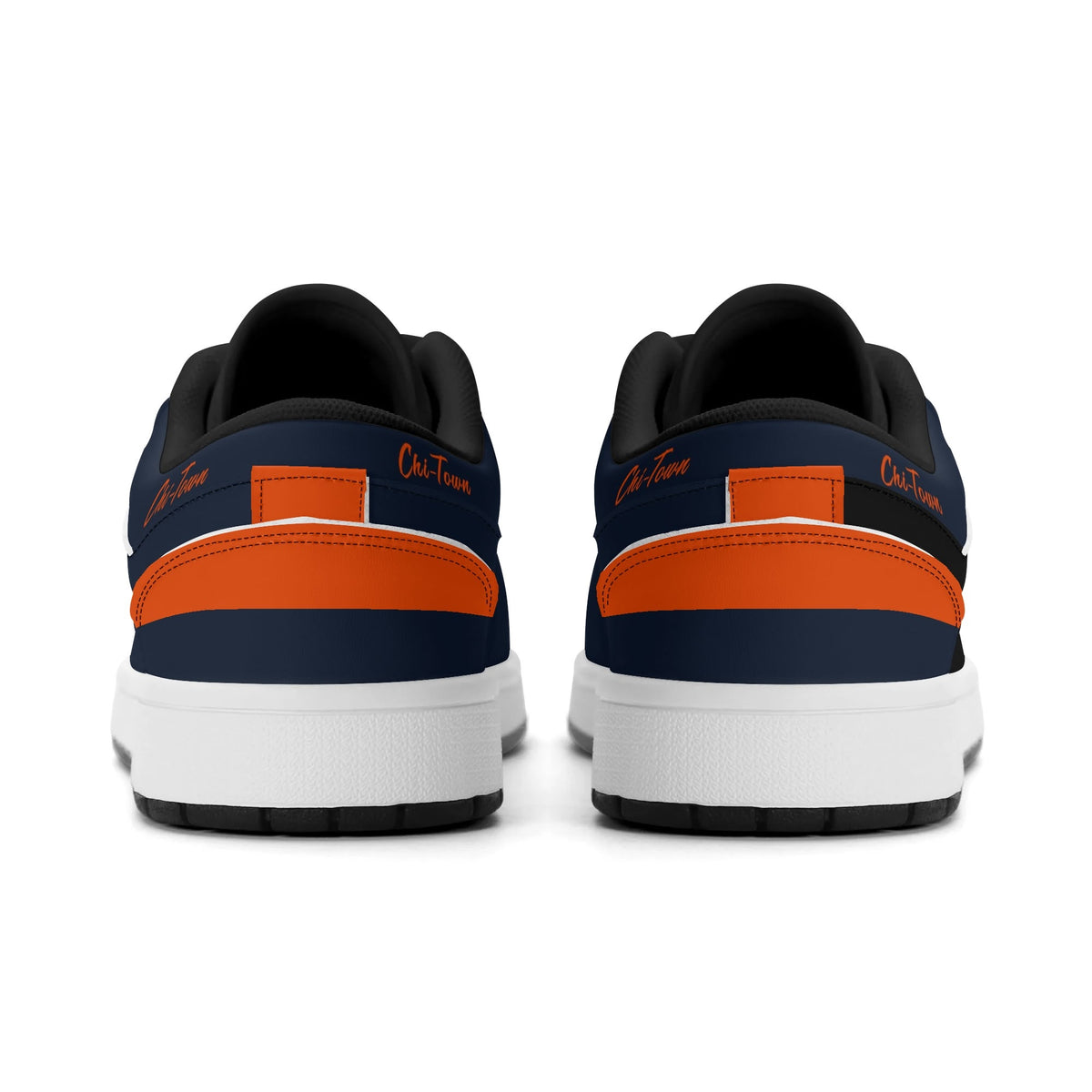 Chicago football Jamrock Low top sneakers in navy, orange with football badge with the skyline lit up at dusk