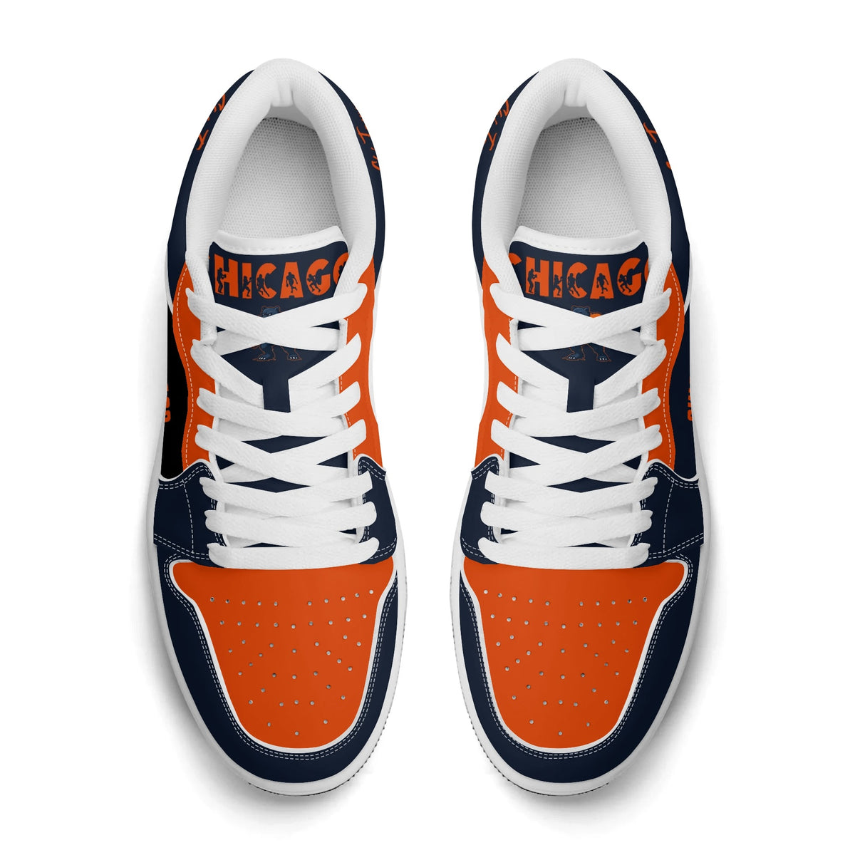 Chicago football Jamrock Low top sneakers in navy, orange with football badge with the skyline lit up at dusk