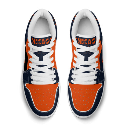Chicago football Jamrock Low top sneakers in navy, orange with football badge with the skyline lit up at dusk