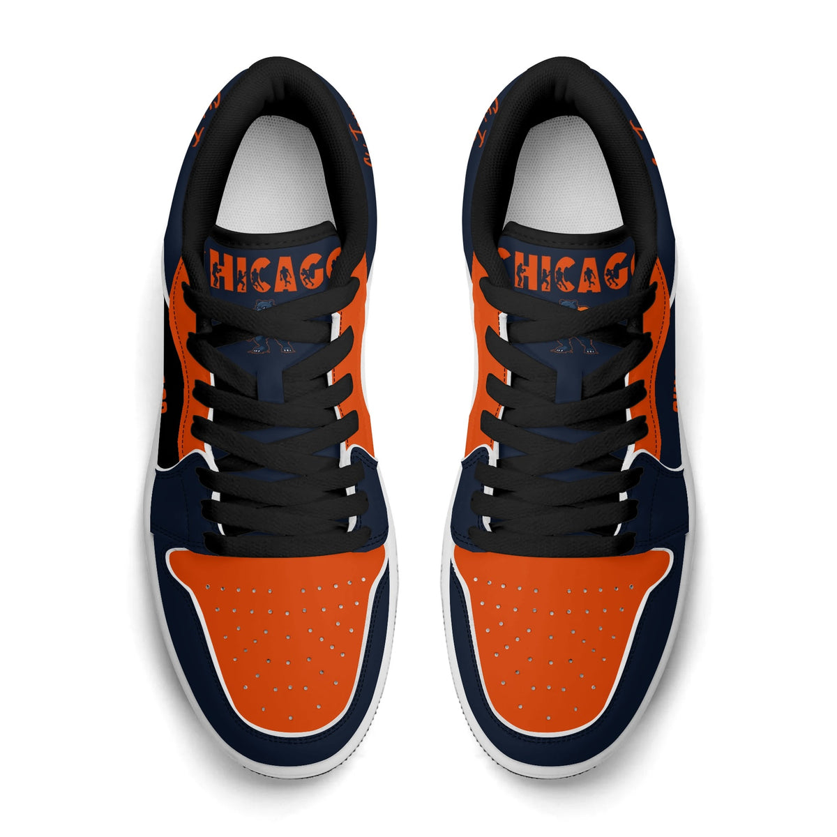 Chicago football Jamrock Low top sneakers in navy, orange with football badge with the skyline lit up at dusk