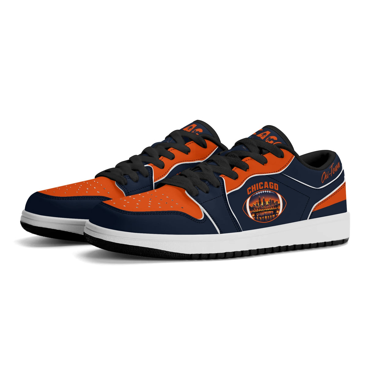 Chicago football Jamrock Low top sneakers in navy, orange with football badge with the skyline lit up at dusk