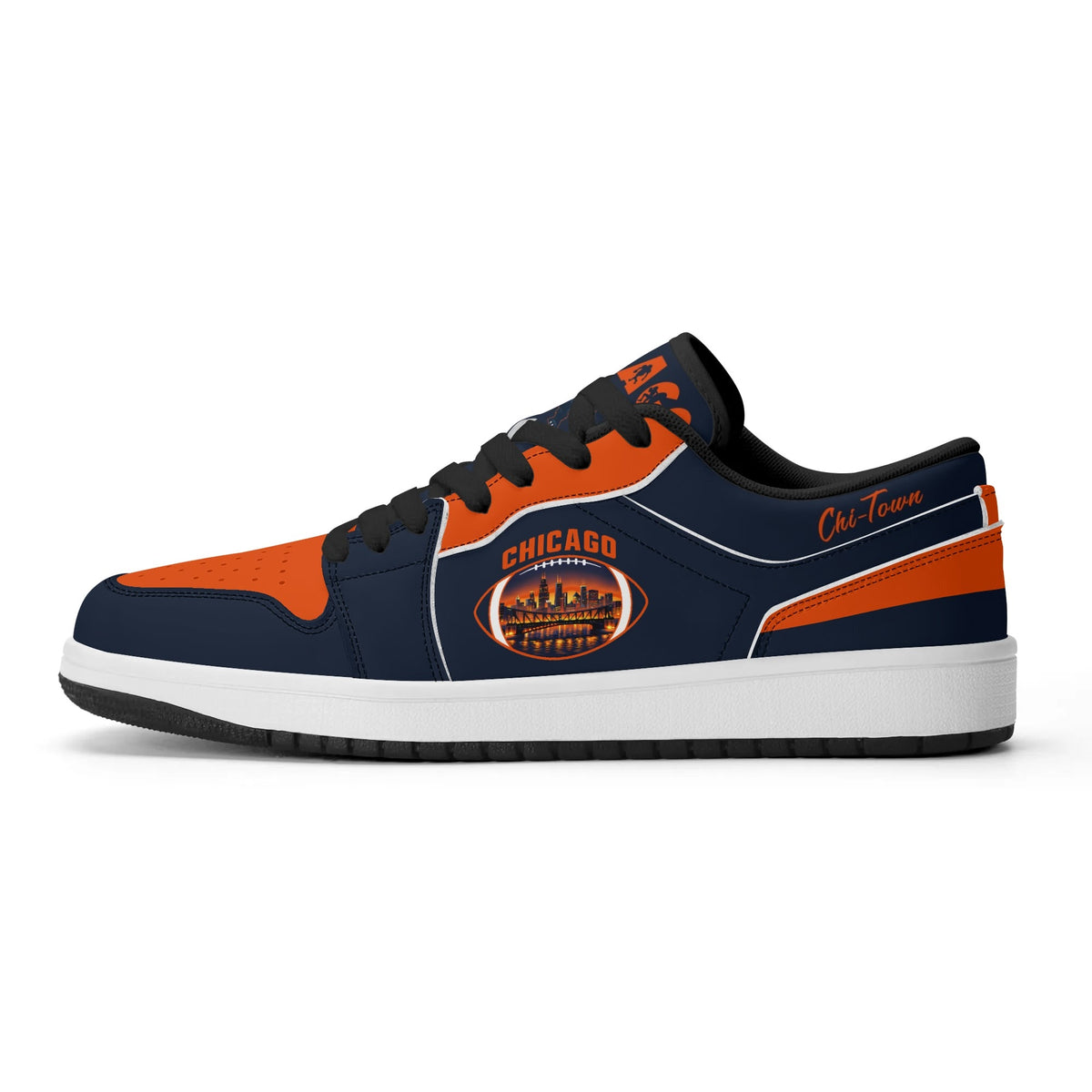 Chicago football Jamrock Low top sneakers in navy, orange with football badge with the skyline lit up at dusk