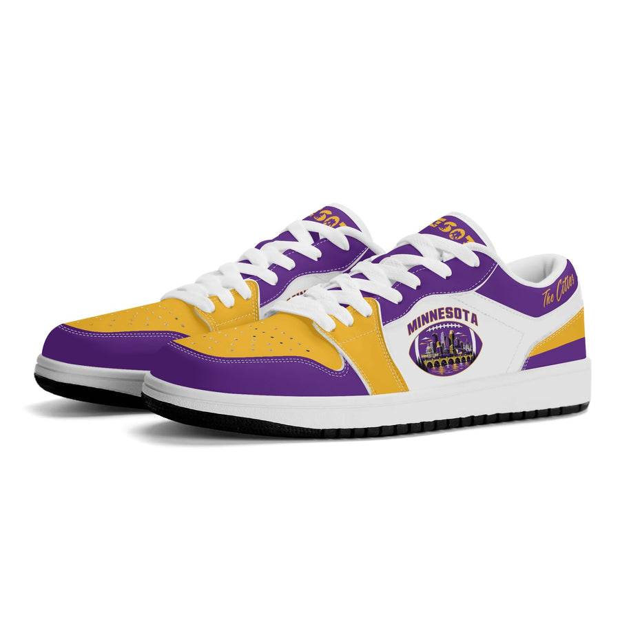 Minnesota football Jamrock Low top sneakers in purple, gold, white with football badge with the Twin Cities skyline