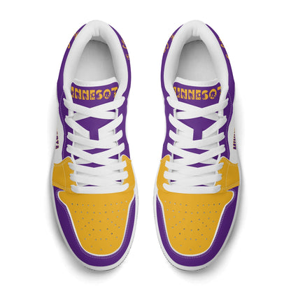 Minnesota football Jamrock Low top sneakers in purple, gold, white with football badge with the Twin Cities skyline