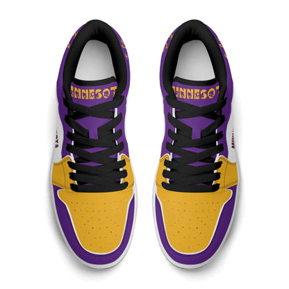 Minnesota football Jamrock Low top sneakers in purple, gold, white with football badge with the Twin Cities skyline