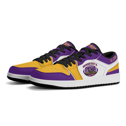 Minnesota football Jamrock Low top sneakers in purple, gold, white with football badge with the Twin Cities skyline