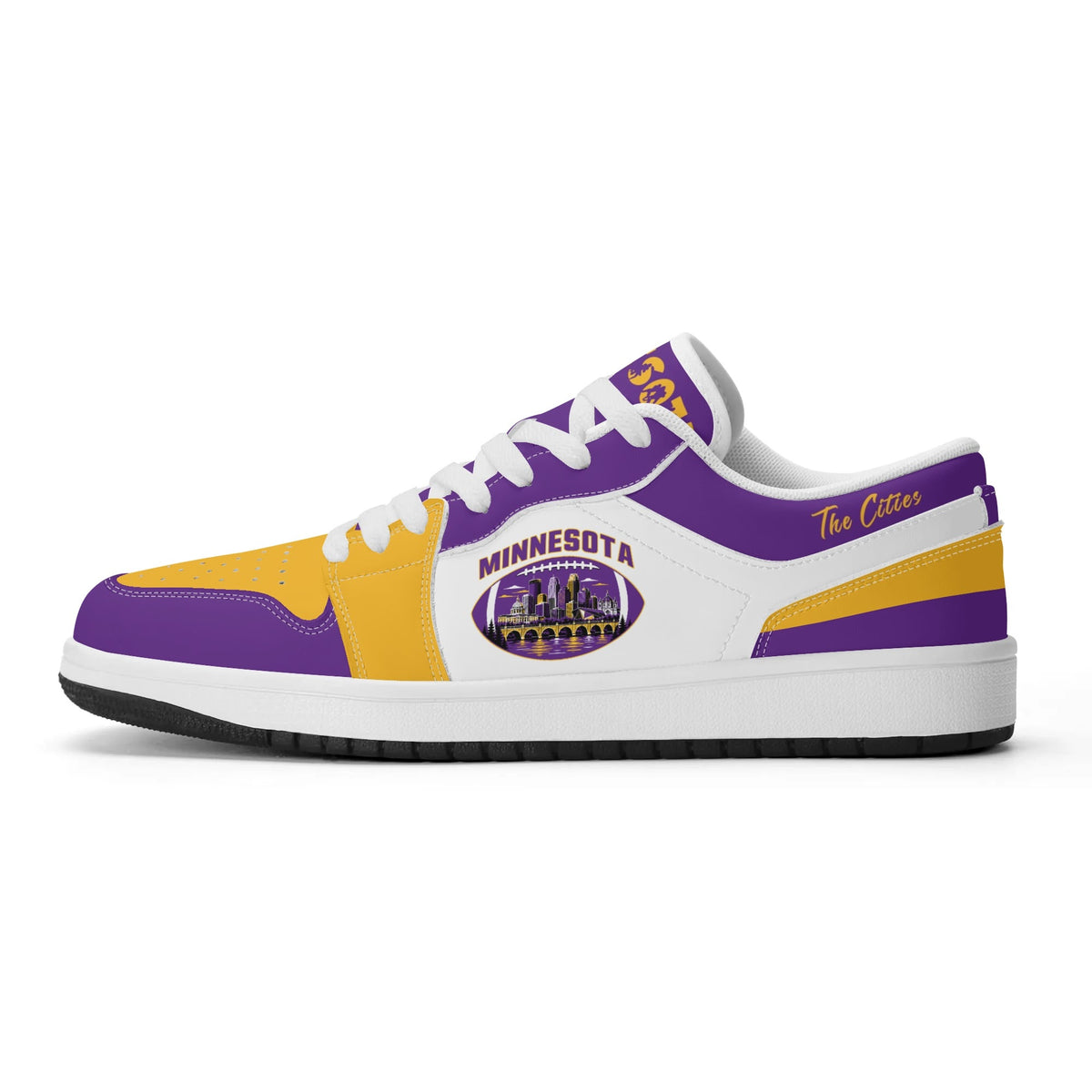 Minnesota football Jamrock Low top sneakers in purple, gold, white with football badge with the Twin Cities skyline