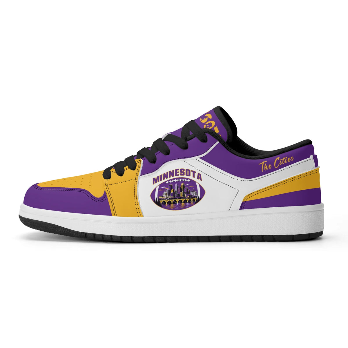 Minnesota football Jamrock Low top sneakers in purple, gold, white with football badge with the Twin Cities skyline