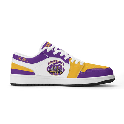 Minnesota football Jamrock Low top sneakers in purple, gold, white with football badge with the Twin Cities skyline