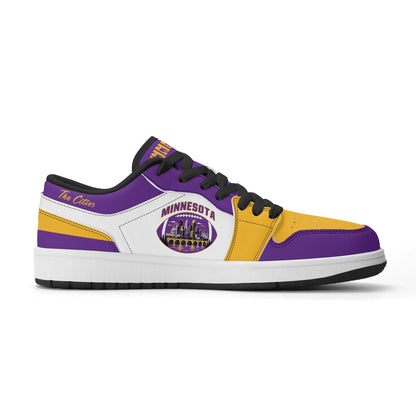 Minnesota football Jamrock Low top sneakers in purple, gold, white with football badge with the Twin Cities skyline