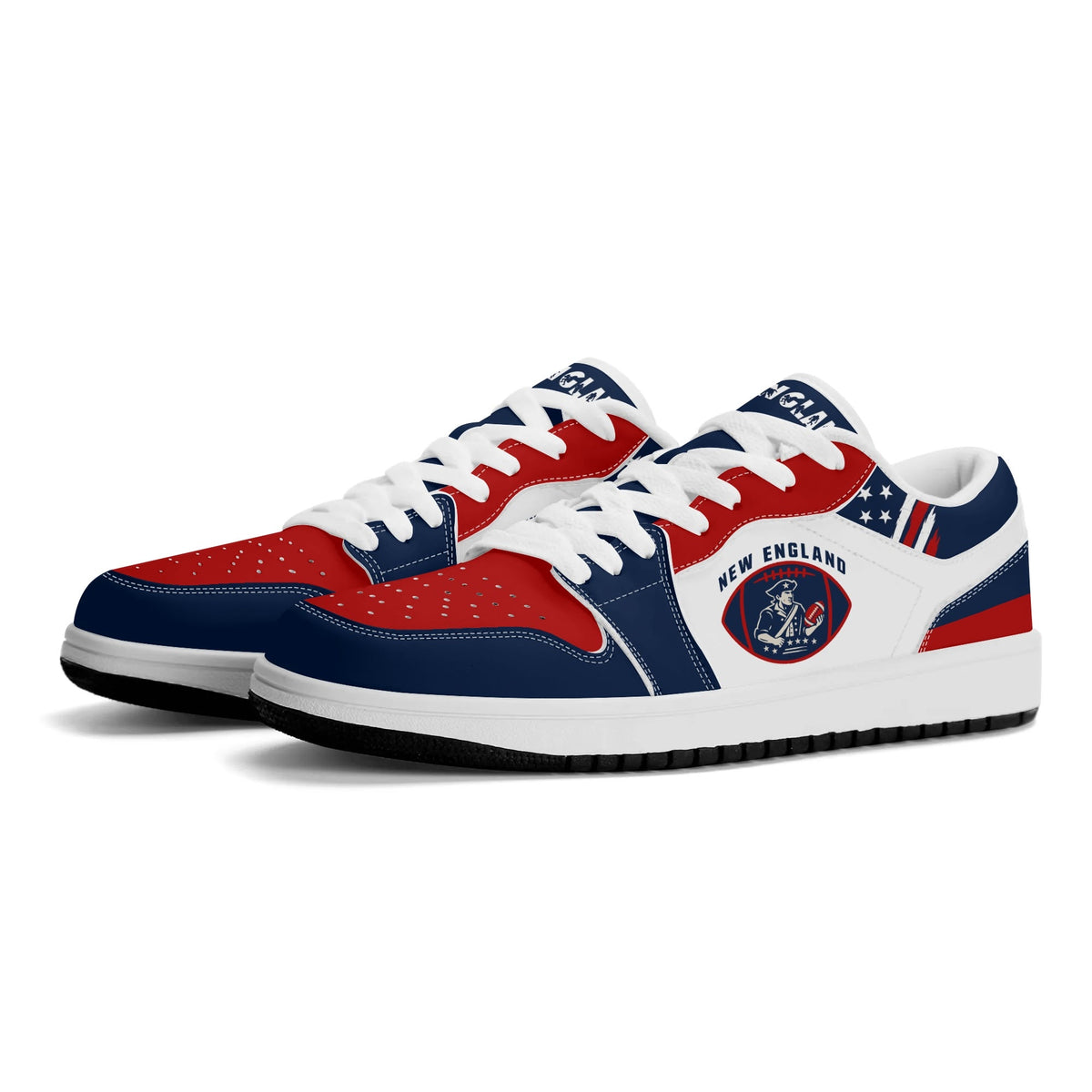 New England football Jamrock Low top sneakers in white, navy, red with football badge with a colonial-era soldier figure