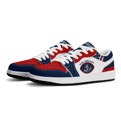 New England football Jamrock Low top sneakers in white, navy, red with football badge with a colonial-era soldier figure