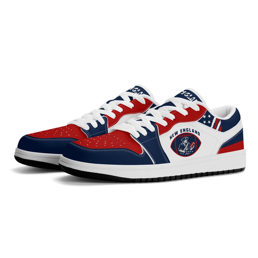 New England football Jamrock Low top sneakers in white, navy, red with football badge with a colonial-era soldier figure