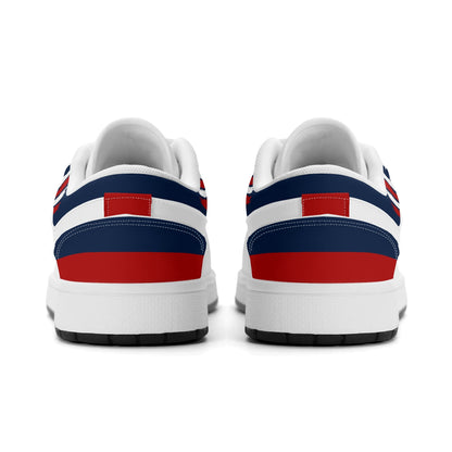 New England football Jamrock Low top sneakers in white, navy, red with football badge with a colonial-era soldier figure