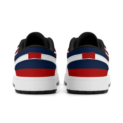 New England football Jamrock Low top sneakers in white, navy, red with football badge with a colonial-era soldier figure