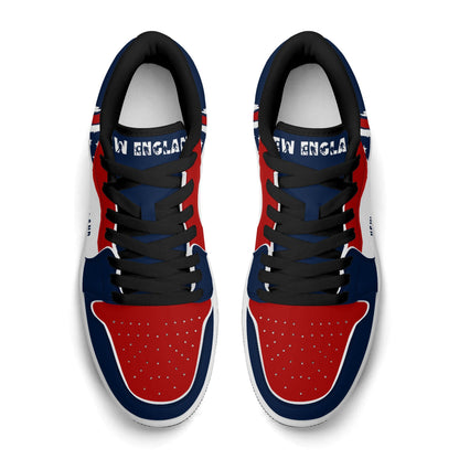 New England football Jamrock Low top sneakers in white, navy, red with football badge with a colonial-era soldier figure