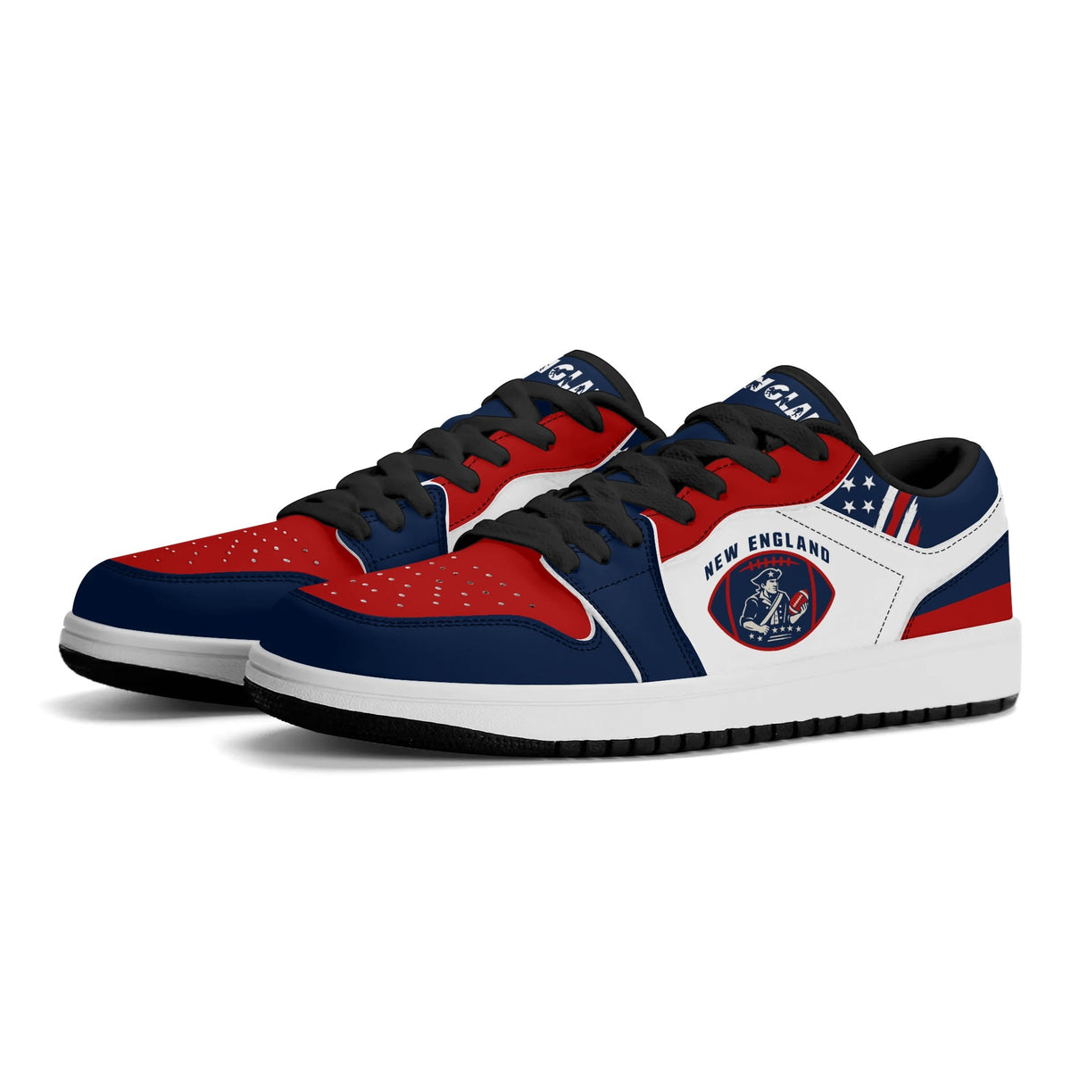 New England football Jamrock Low top sneakers in white, navy, red with football badge with a colonial-era soldier figure