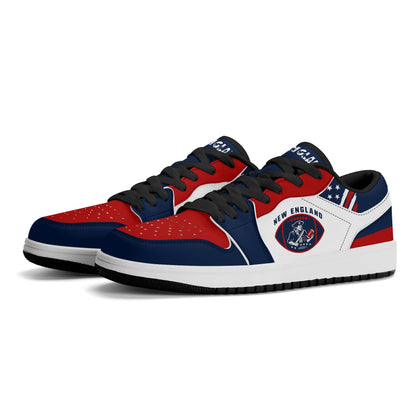 New England football Jamrock Low top sneakers in white, navy, red with football badge with a colonial-era soldier figure