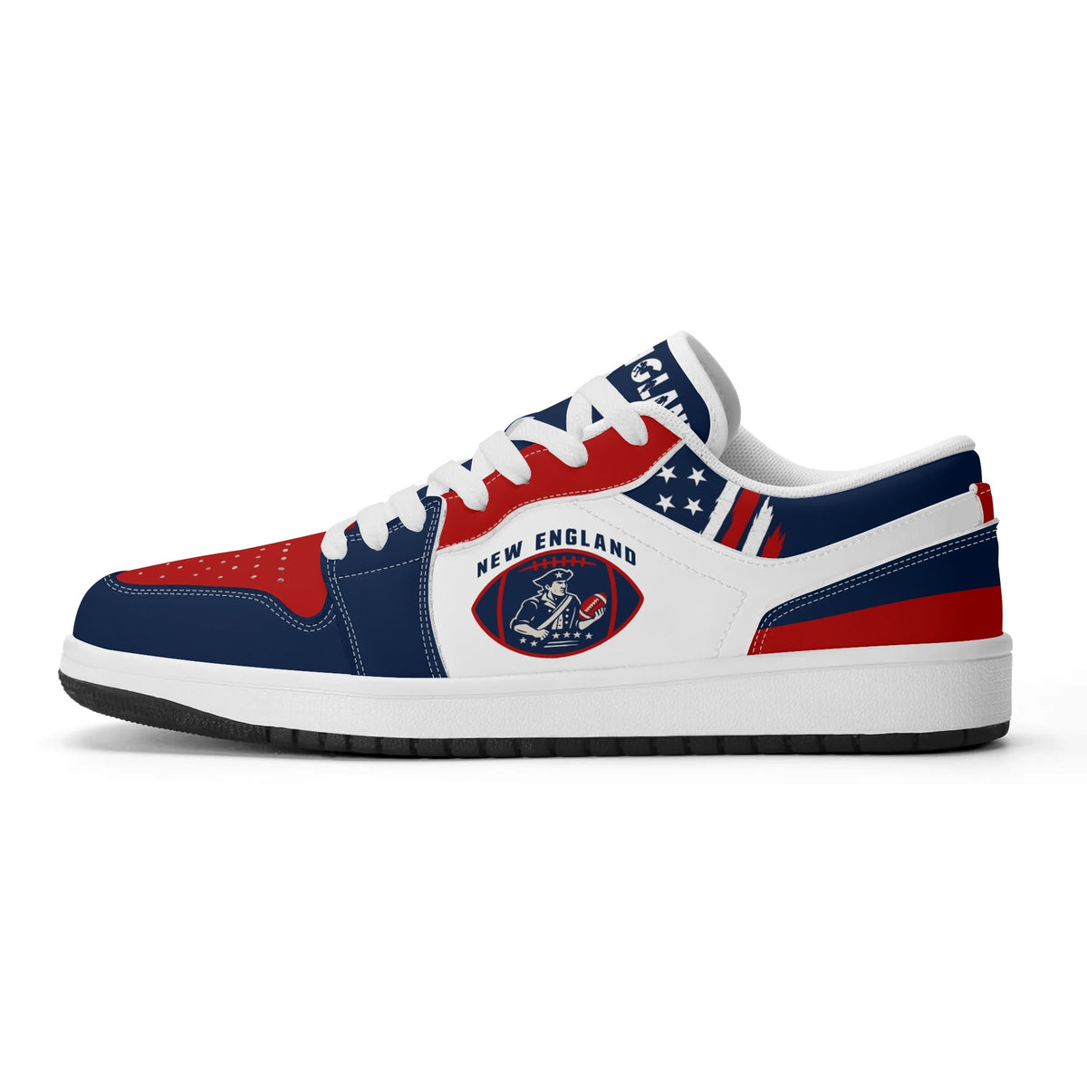 New England football Jamrock Low top sneakers in white, navy, red with football badge with a colonial-era soldier figure