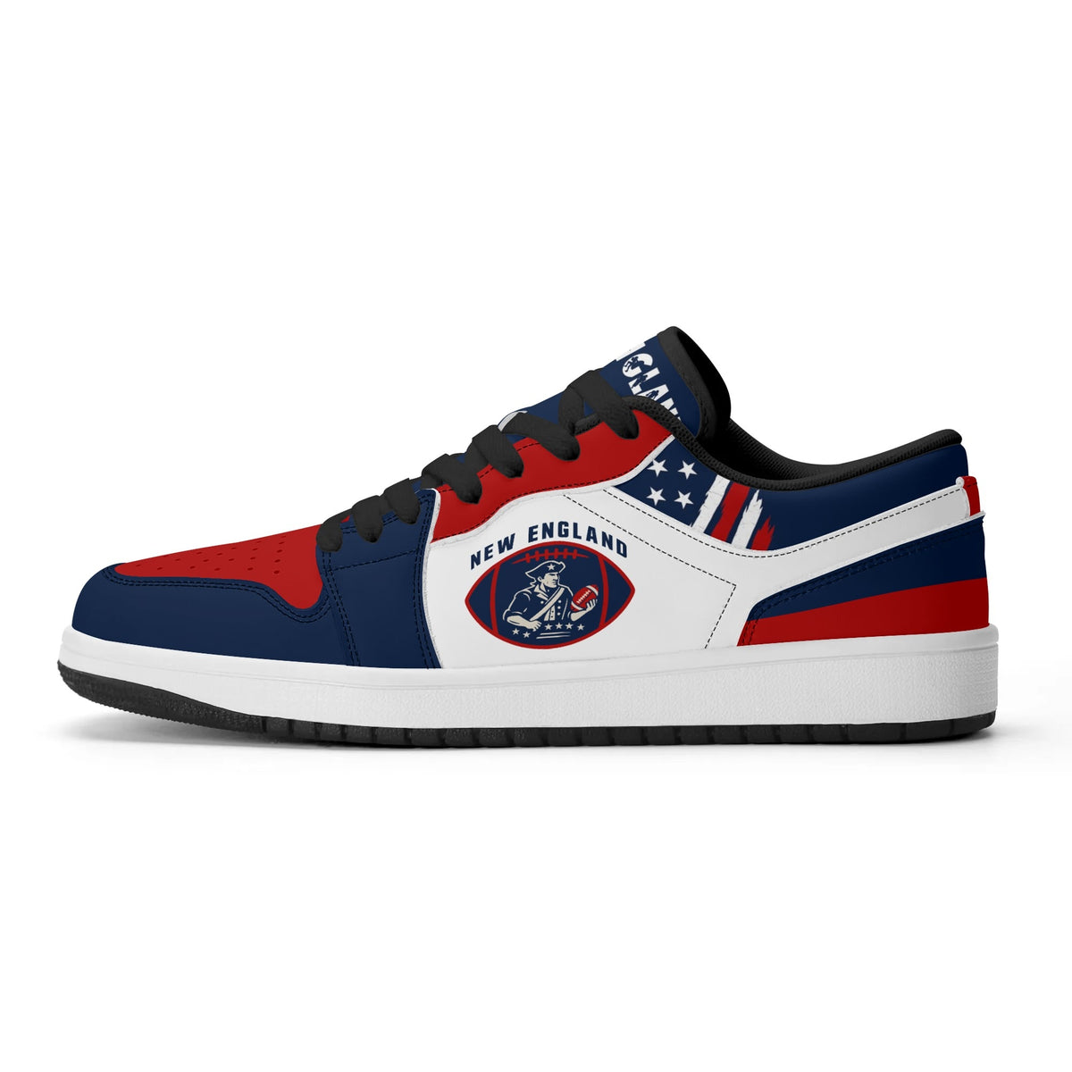 New England football Jamrock Low top sneakers in white, navy, red with football badge with a colonial-era soldier figure