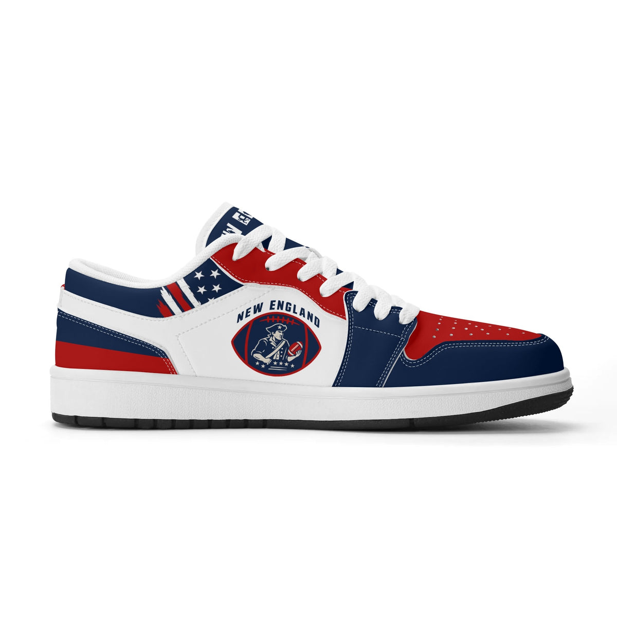 New England football Jamrock Low top sneakers in white, navy, red with football badge with a colonial-era soldier figure