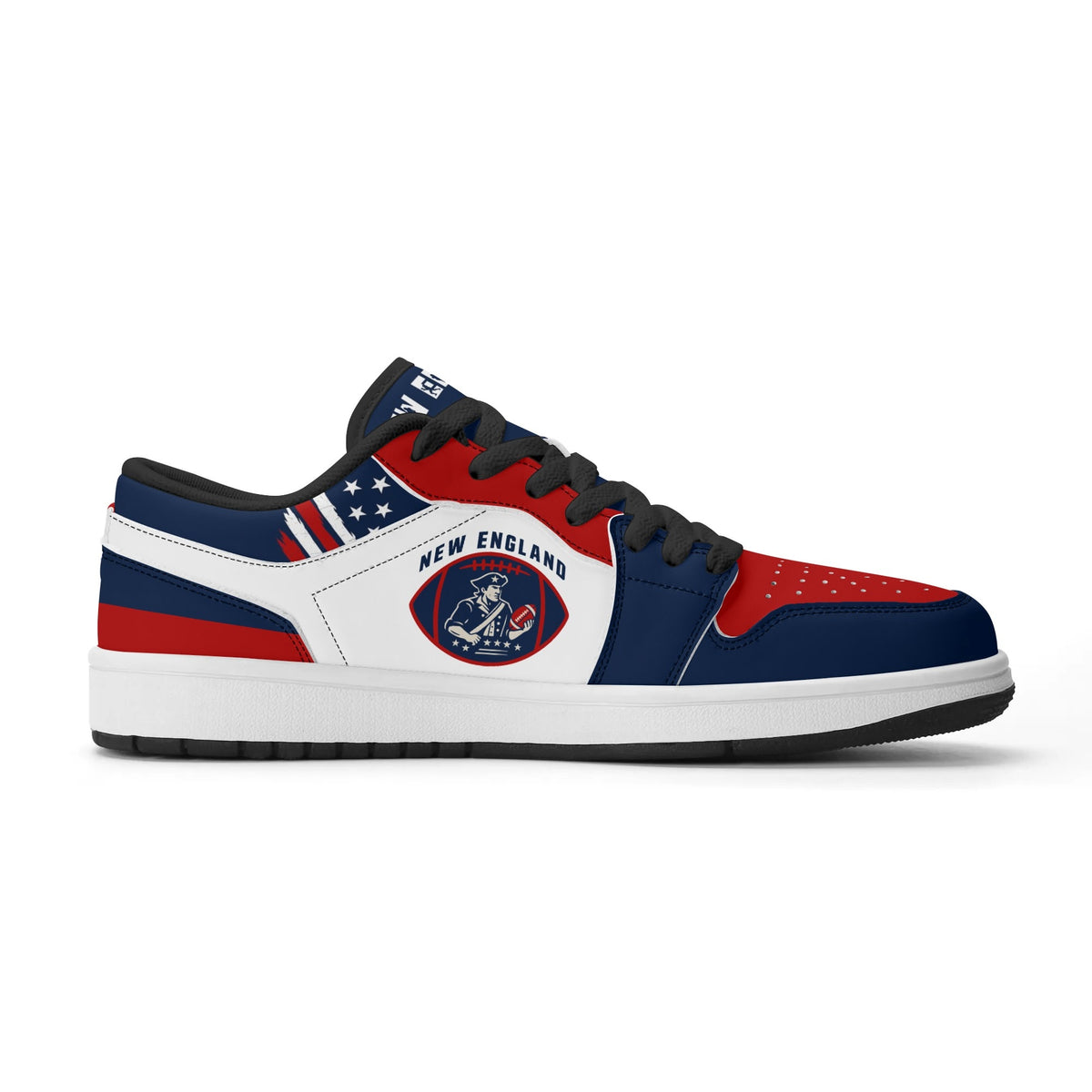 New England football Jamrock Low top sneakers in white, navy, red with football badge with a colonial-era soldier figure