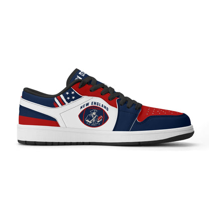New England football Jamrock Low top sneakers in white, navy, red with football badge with a colonial-era soldier figure