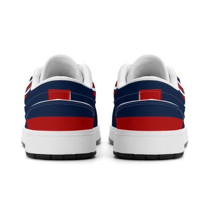 New England football Jamrock Low top sneakers in navy, red, white with football badge with a colonial-era soldier figure